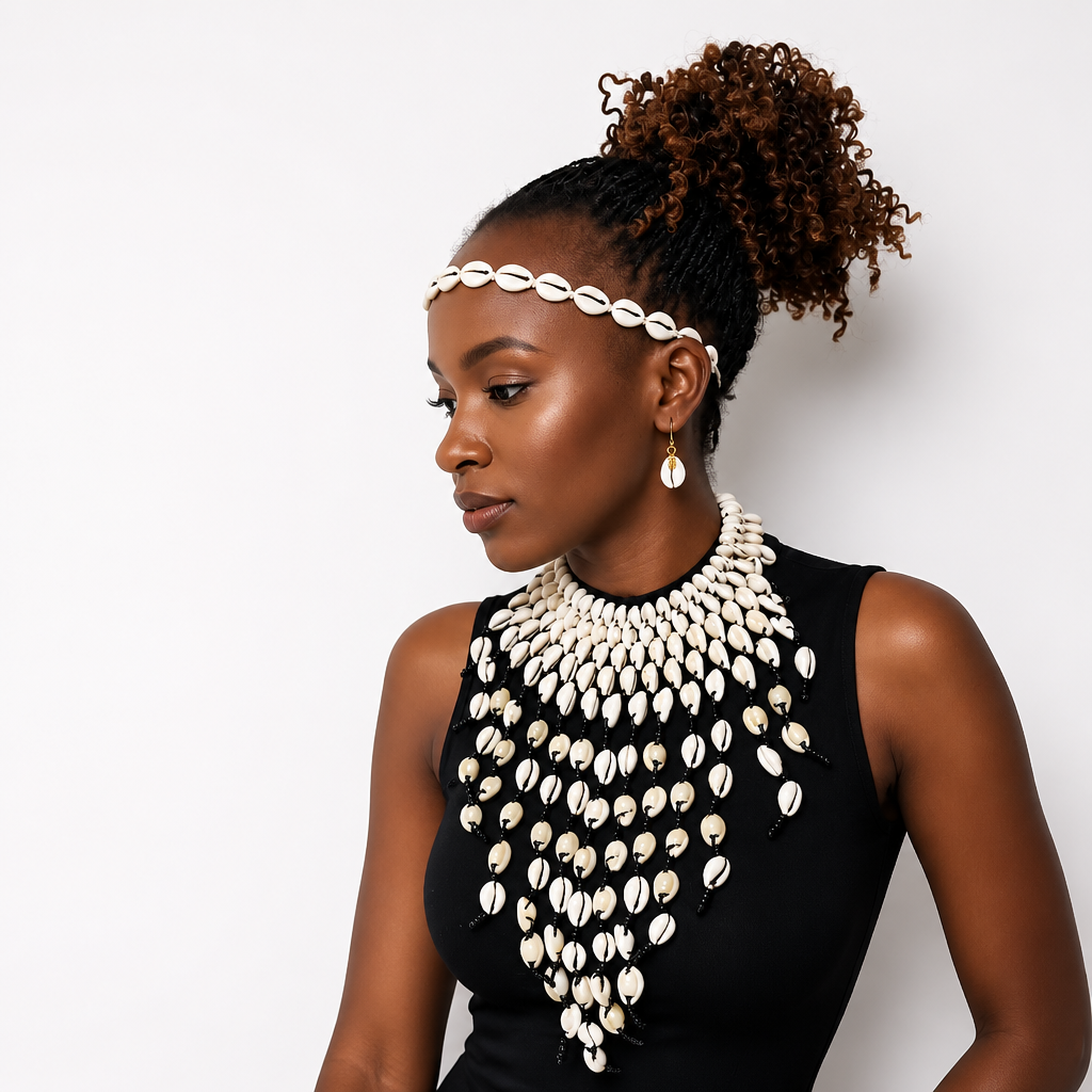 A woman wearing a black sleeveless top and a large white cowrie shell necklace with matching shell headband and earrings, photographed against a plain light background.