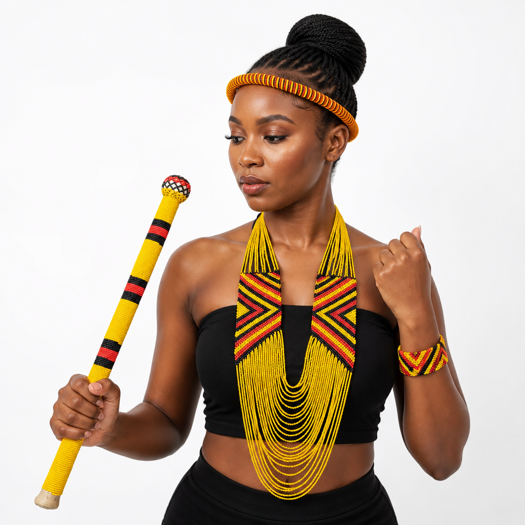 Traditional African Matching Jewelry Set of Necklace, Head Gear, Bracelet and Beaded Maasai Rungu. - TheKenyanJeweller
