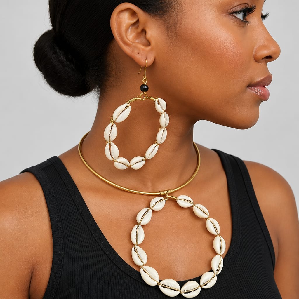 African Brass and Cowrieshells Matching Necklace and Earrings.