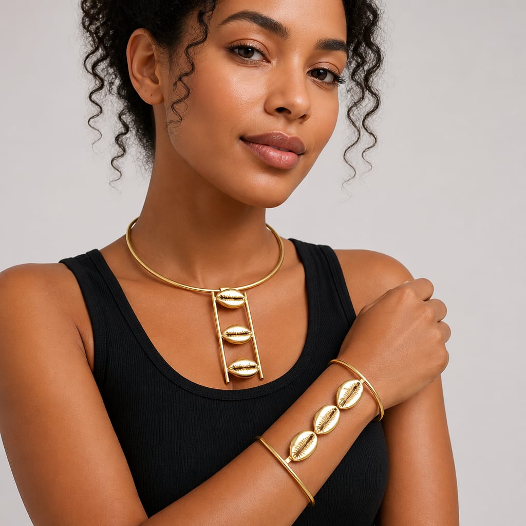 African Matching Brass and Cowrieshells Necklace and Adjustable Cuff bracelet