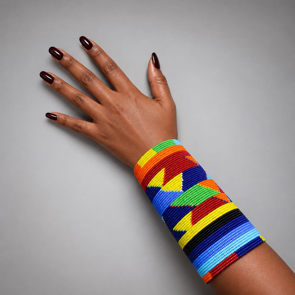 A close-up of a person's hand and wrist wearing a vibrant, multicolored beaded wrap bracelet with geometric patterns, set against a neutral gray background.