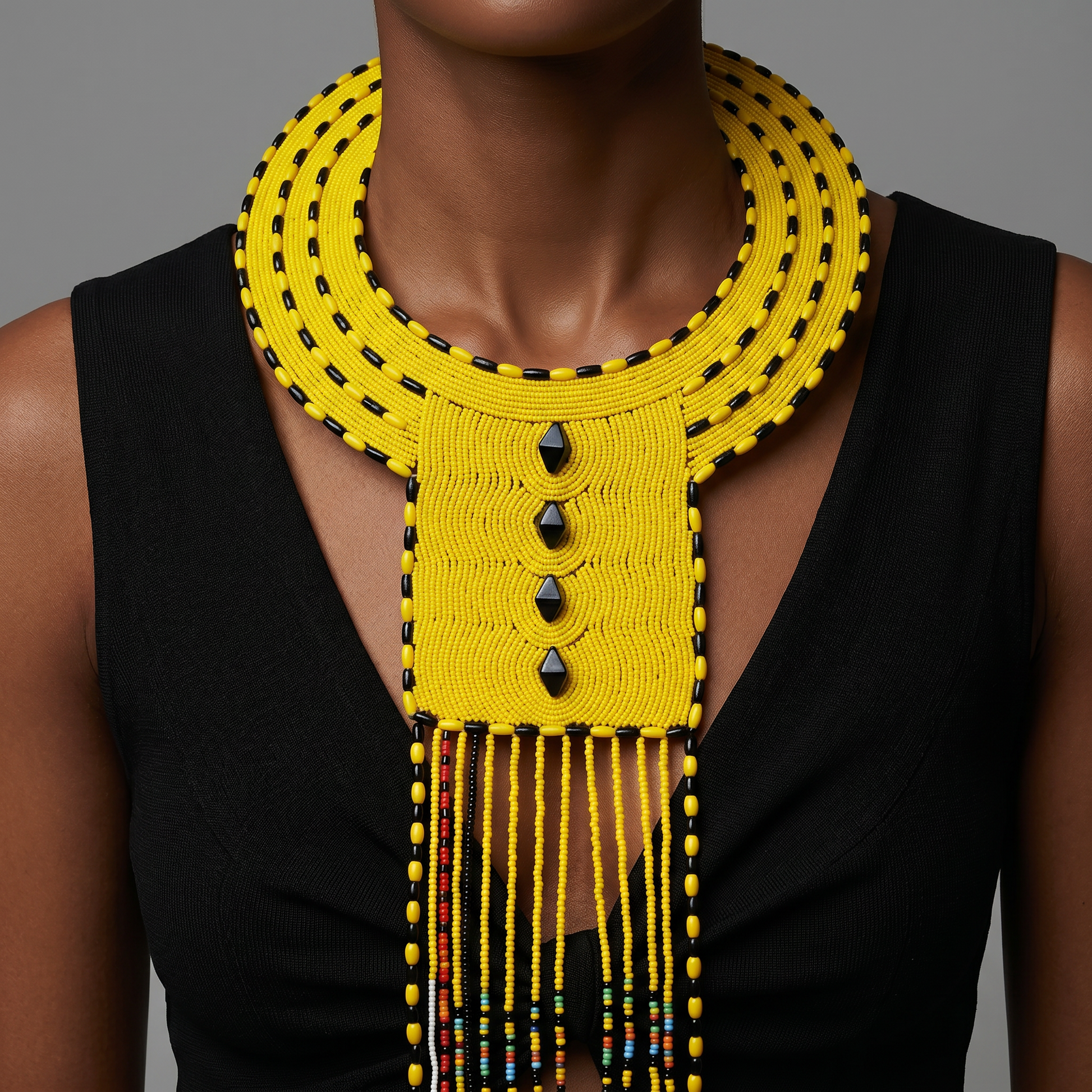 A close-up of a model wearing a bold yellow and black beaded collar necklace with a central panel and hanging fringe beads, paired with a black sleeveless top against a neutral gray background.