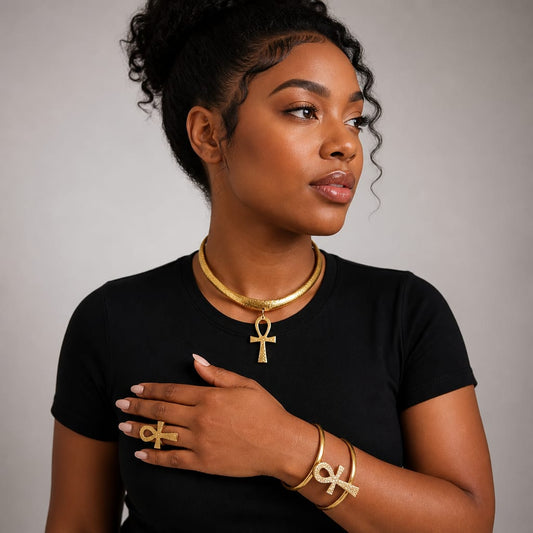 African Matching Brass Ankh Necklace, Ring and Adjustable Bracelet