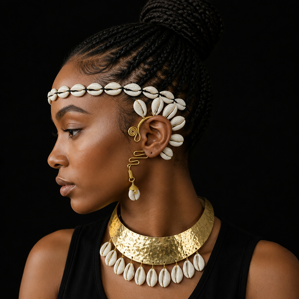 A woman in profile wearing a gold hammered collar necklace with white cowrie shells, a matching shell headband, and a gold spiral ear cuff against a black background.