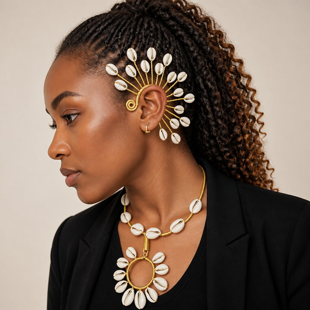 A woman in profile wearing a gold and white shell jewelry set, including a large circular pendant necklace, matching drop earrings, and an ear cuff, styled with her hair in braids against a neutral beige background.